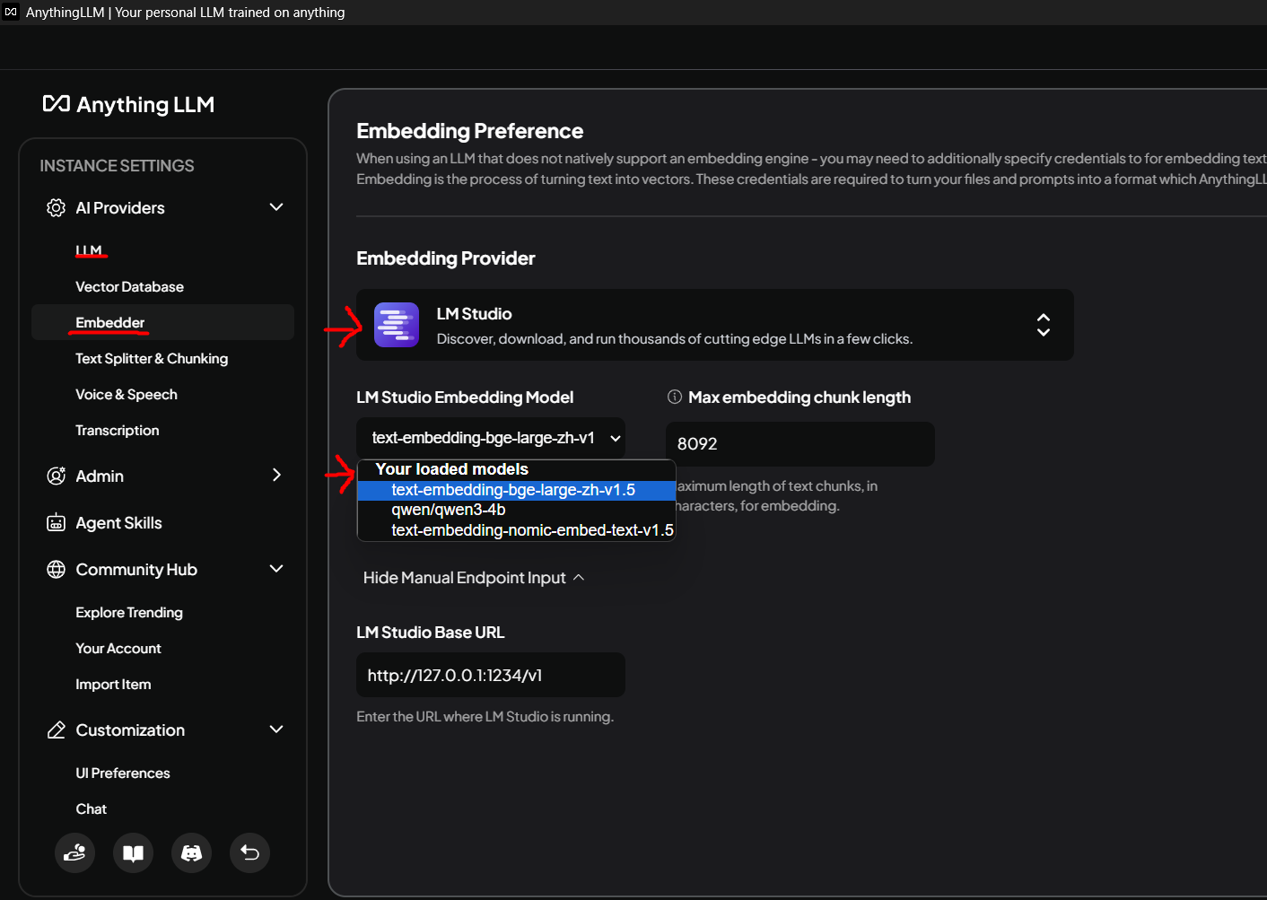 AnythingLLM Embedding Settings